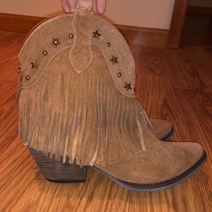 Very Volatile Tan Fringe Booties